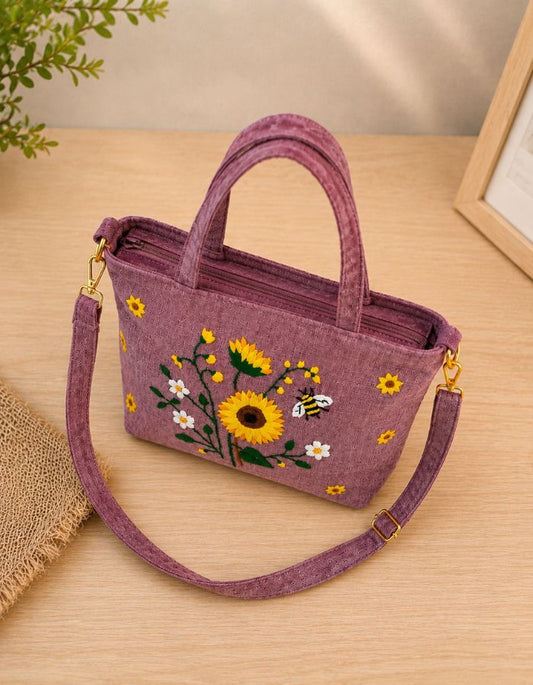 Hand-Embroidered Sunflower Shoulder Bag With Zipper