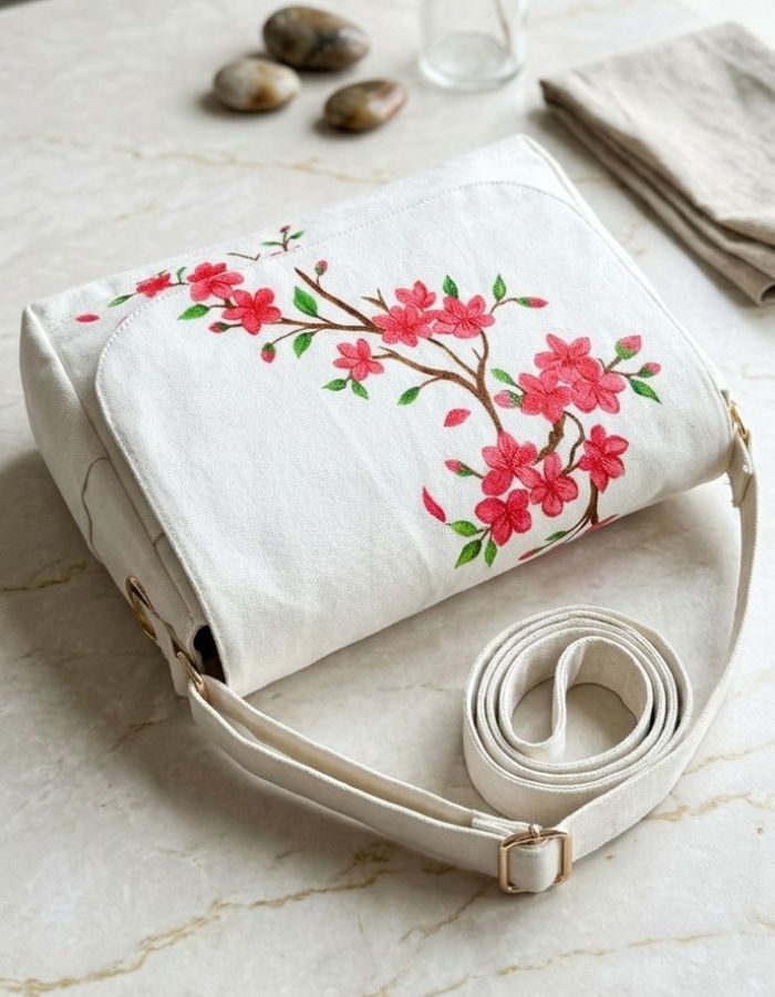 Cherry Blossom Hand-Painted Shoulder Bag