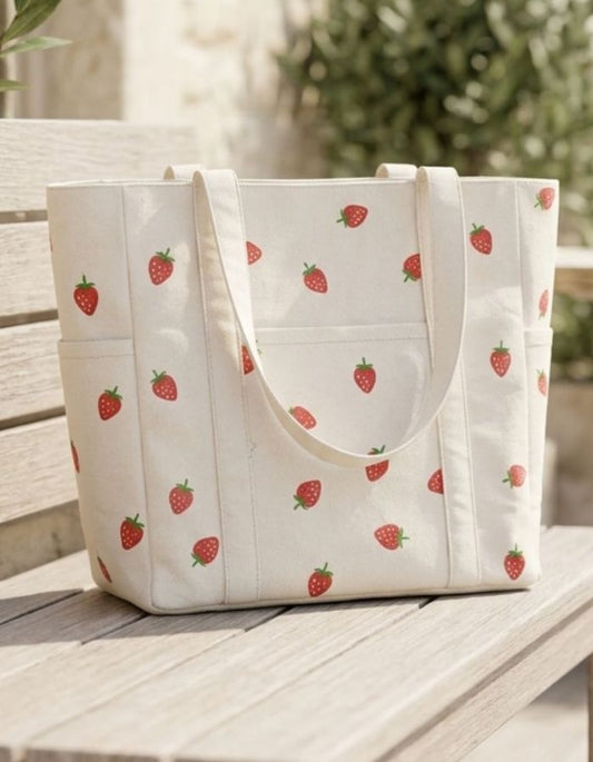 Hand-Painted Strawberry Canvas Tote Bag For Girls