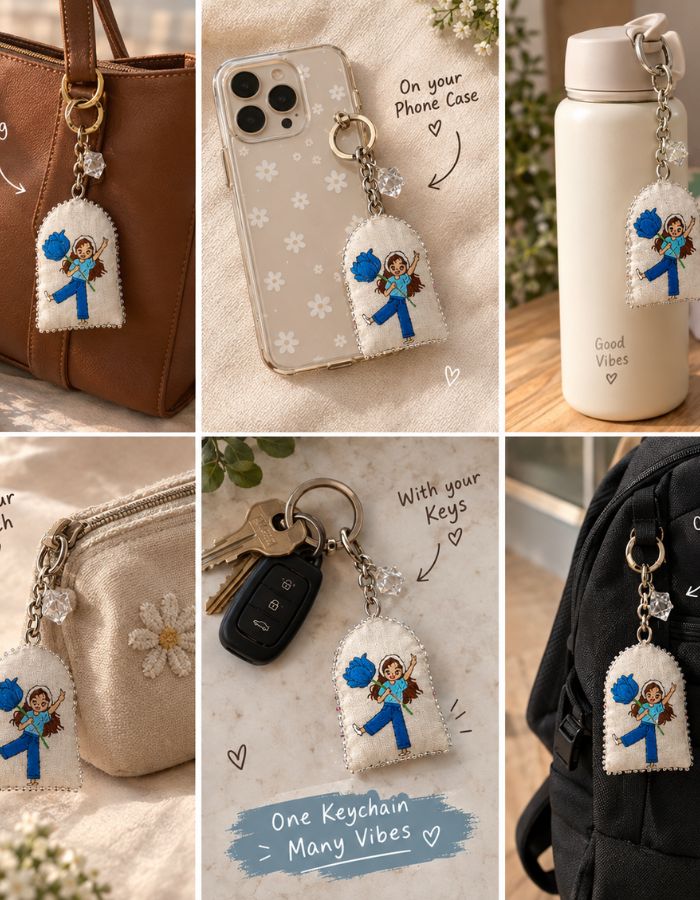 Hand-Painted Fabric Keychain with Crystal Charm