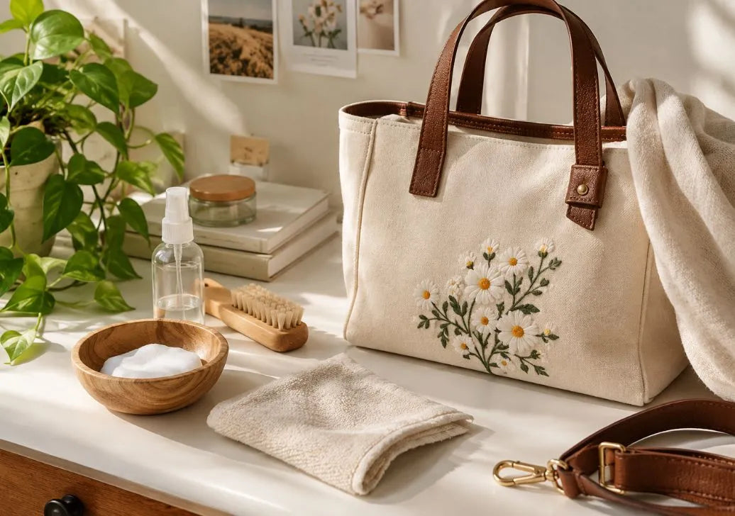 Embroidered canvas bag with floral design and simple bag care essentials on a table
