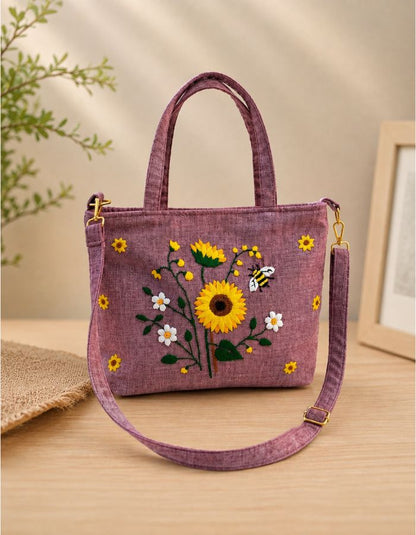 Hand-Embroidered Sunflower Shoulder Bag