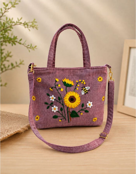 Hand-Embroidered Sunflower Shoulder Bag