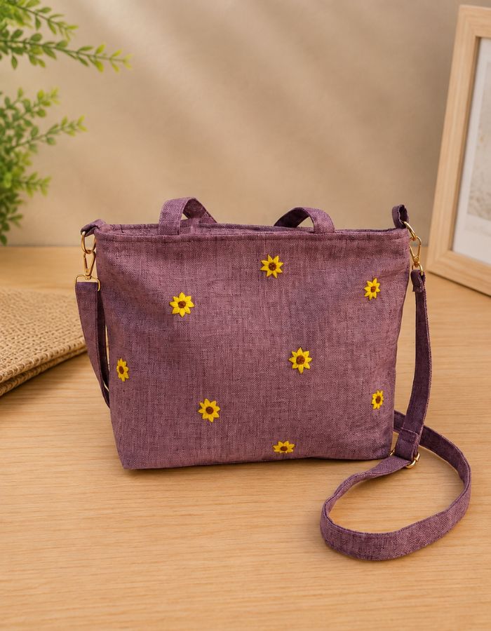 Hand-Embroidered Sunflower Shoulder Bag Back Side