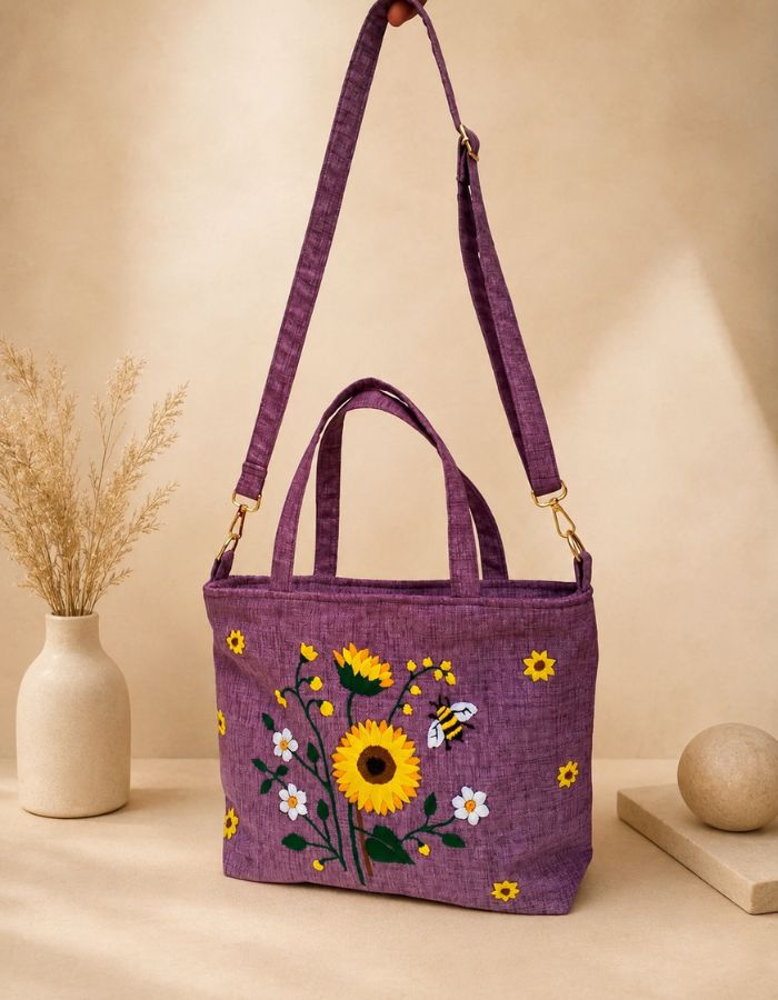 Hand-Embroidered Sunflower Shoulder Bag For Women