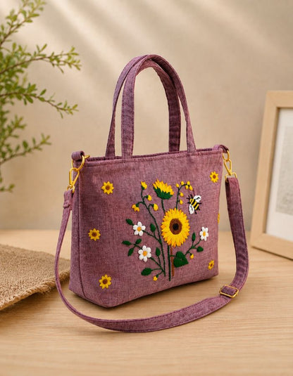 Hand-Embroidered Sunflower Shoulder Bag Left Side