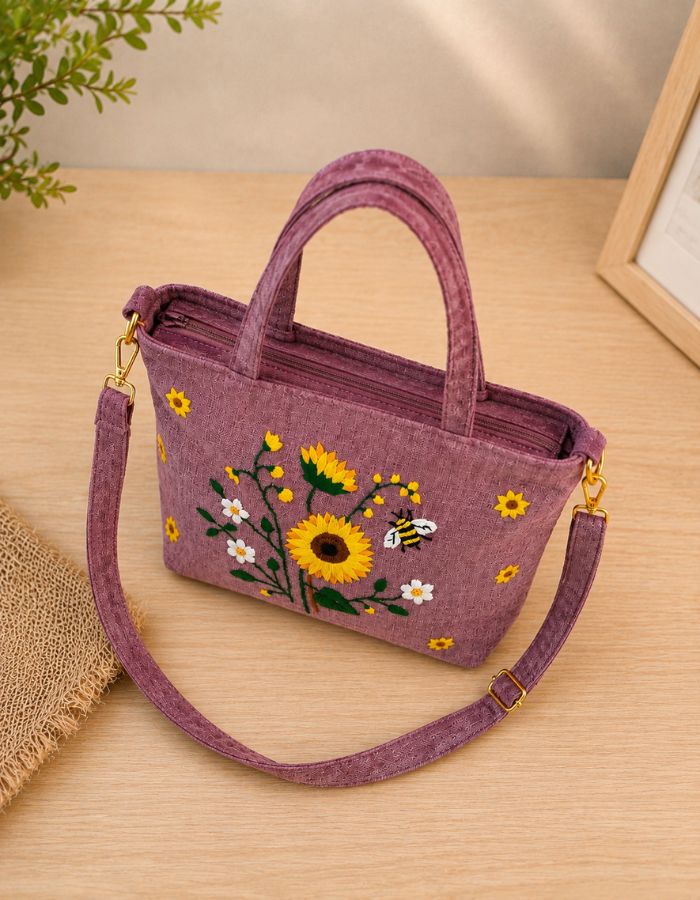 Hand-Embroidered Sunflower Shoulder Bag With Zipper