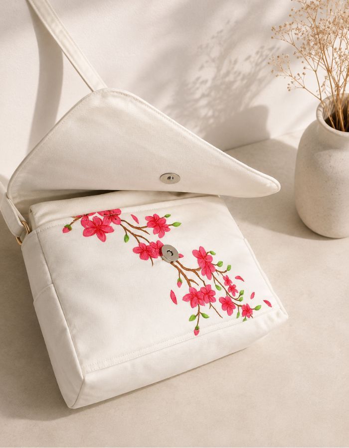 Cherry Blossom Hand-Painted Shoulder Bag