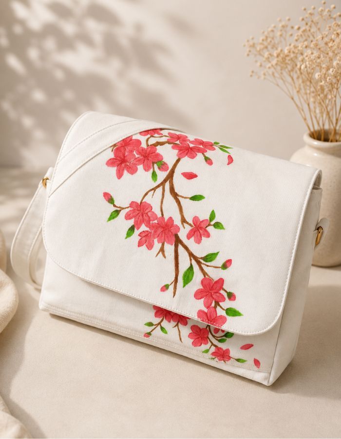 Cherry Blossom Hand-Painted Shoulder Bag
