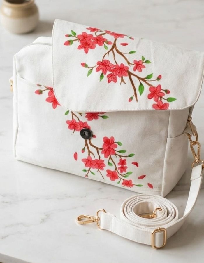 Cherry Blossom Hand-Painted Shoulder Bag