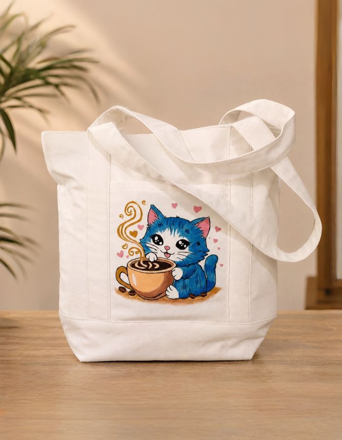 Hand-Painted Coffee Cat Tote Bag