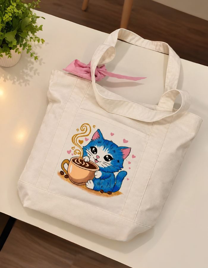Hand-Painted Coffee Cat Tote Bag For Girls