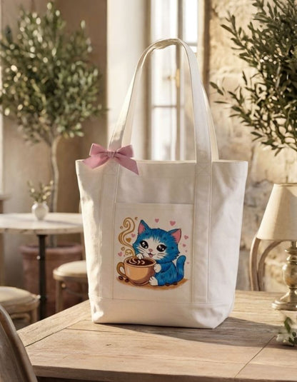 Hand-Painted Coffee Cat Tote Bag Front Side