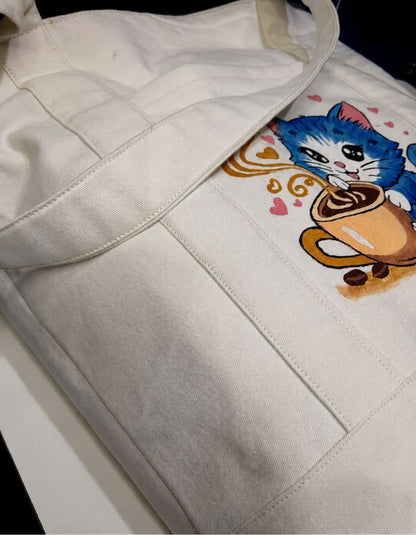 Hand-Painted Coffee Cat Tote Bag Left Side