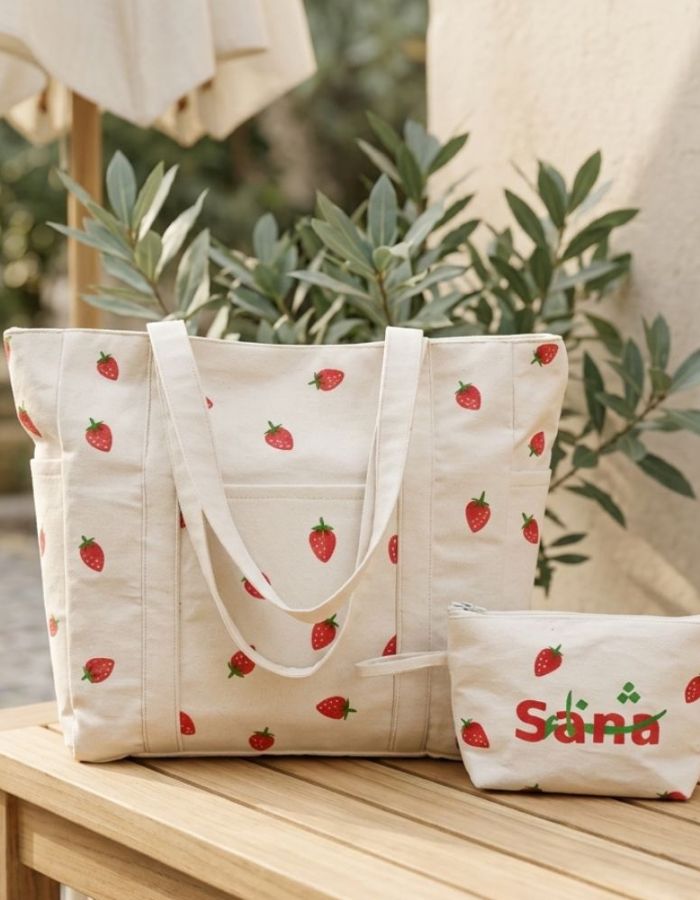 Hand-Painted Strawberry Canvas Tote Bag