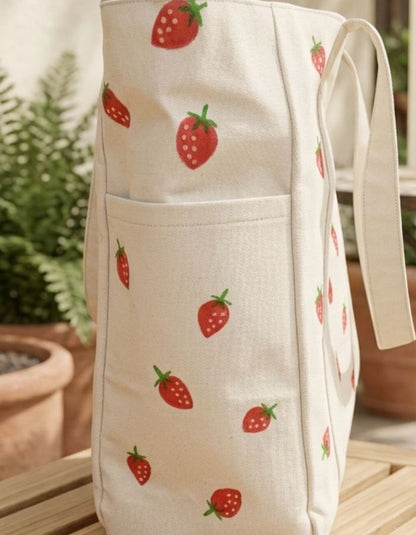 Hand-Painted Strawberry Canvas Tote Bag Left Side