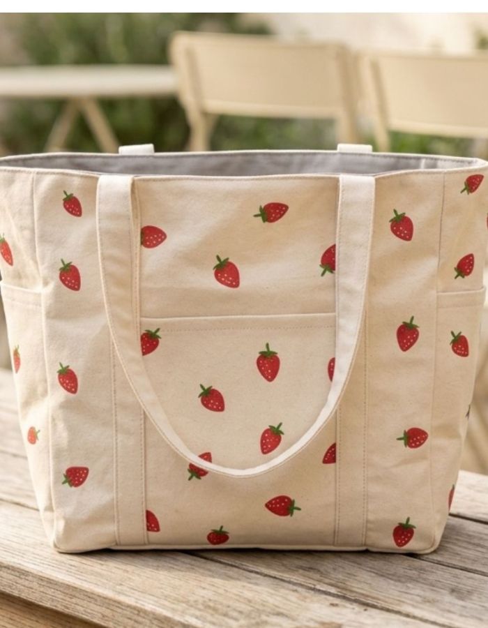 Hand-Painted Strawberry Canvas Tote Bag With Zipper
