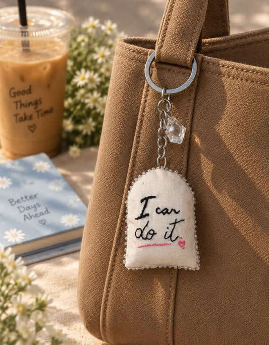 Hand-Painted Fabric Keychain with Crystal Charm