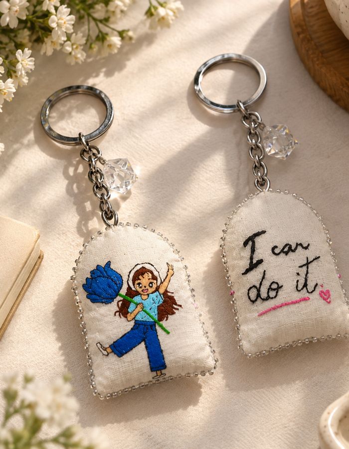 Hand-Painted Fabric Keychain with Crystal Charm