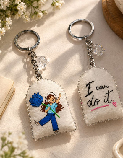 Hand-Painted Fabric Keychain with Crystal Charm