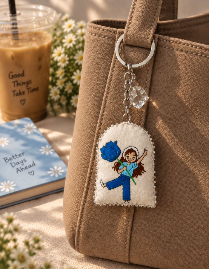 Hand-Painted Fabric Keychain with Crystal Charm