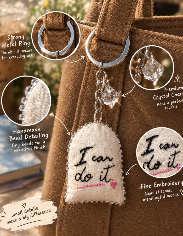 Hand-Painted Fabric Keychain with Crystal Charm