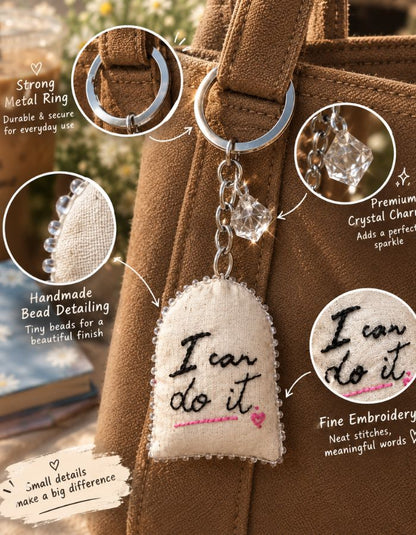 Hand-Painted Fabric Keychain with Crystal Charm